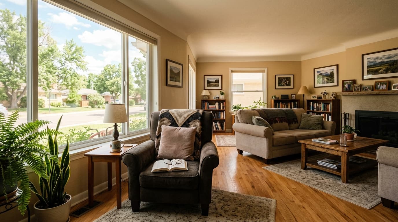 Bright, comfortable living room with clear walking paths in a Arvada home