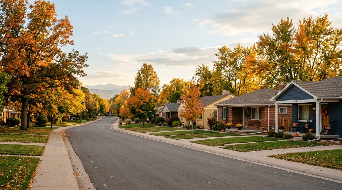 Quiet tree-lined residential street in Arvada, Colorado