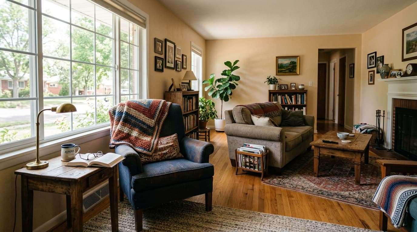 Bright, comfortable living room with clear walking paths in a Aurora home