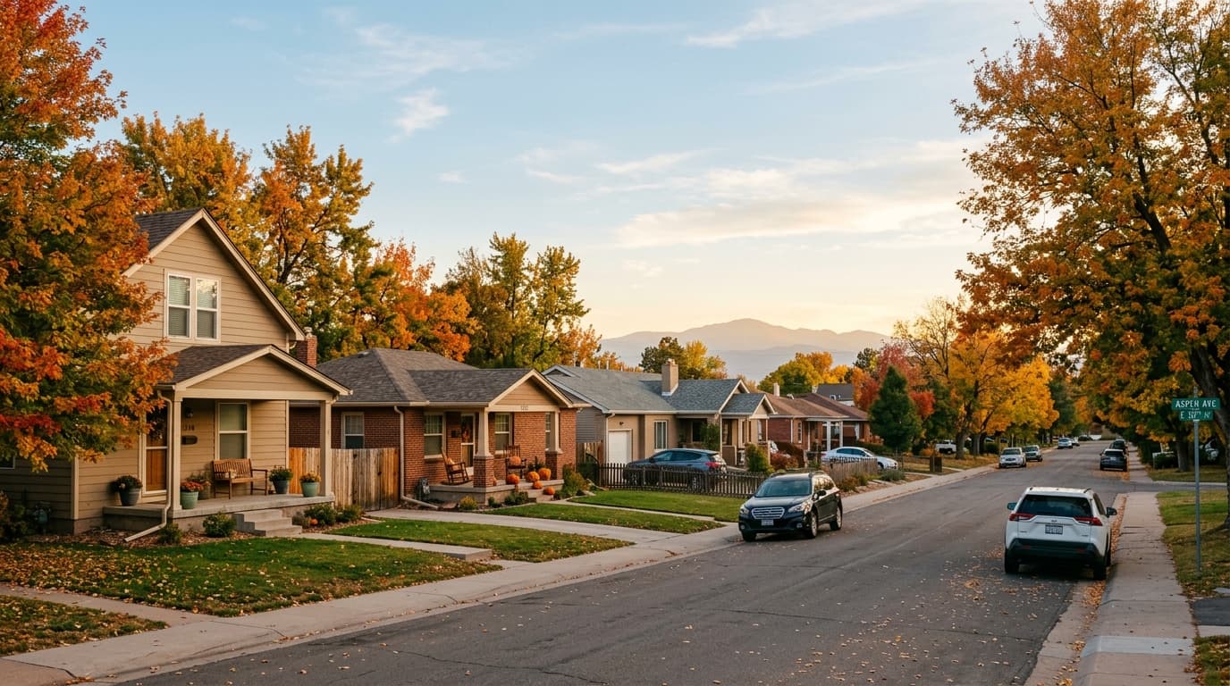 Quiet tree-lined residential street in Aurora, Colorado