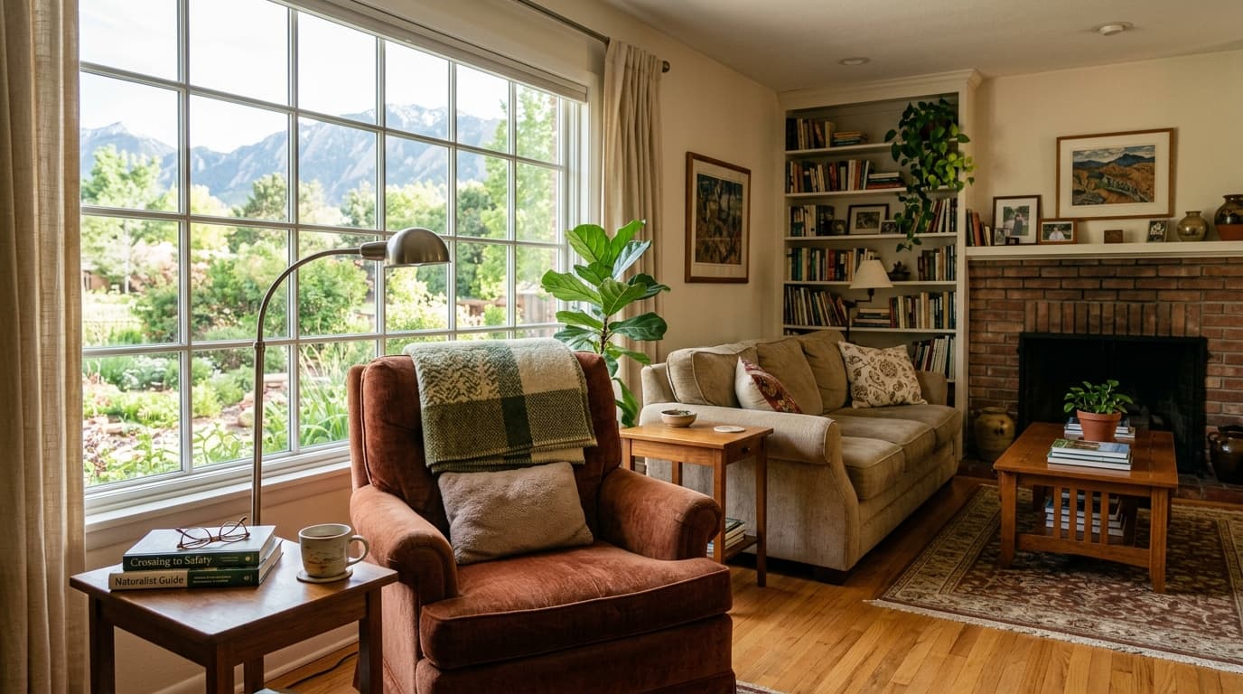 Bright, comfortable living room with clear walking paths in a Boulder home