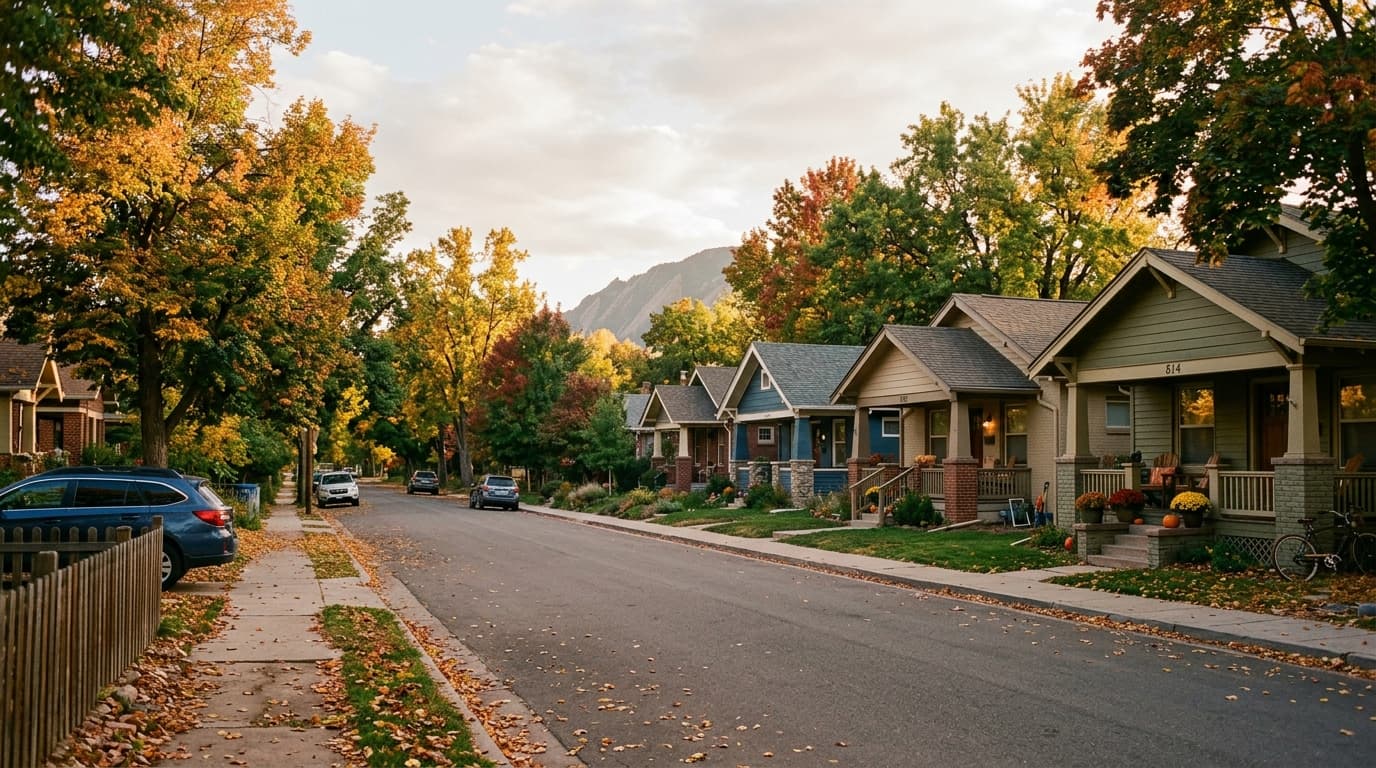 Quiet tree-lined residential street in Boulder, Colorado