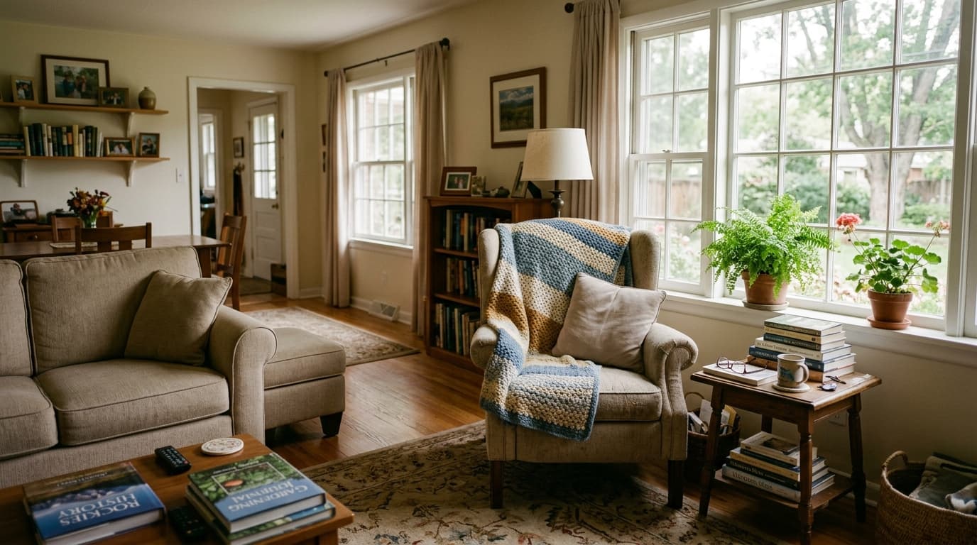Bright, comfortable living room with clear walking paths in a Brighton home