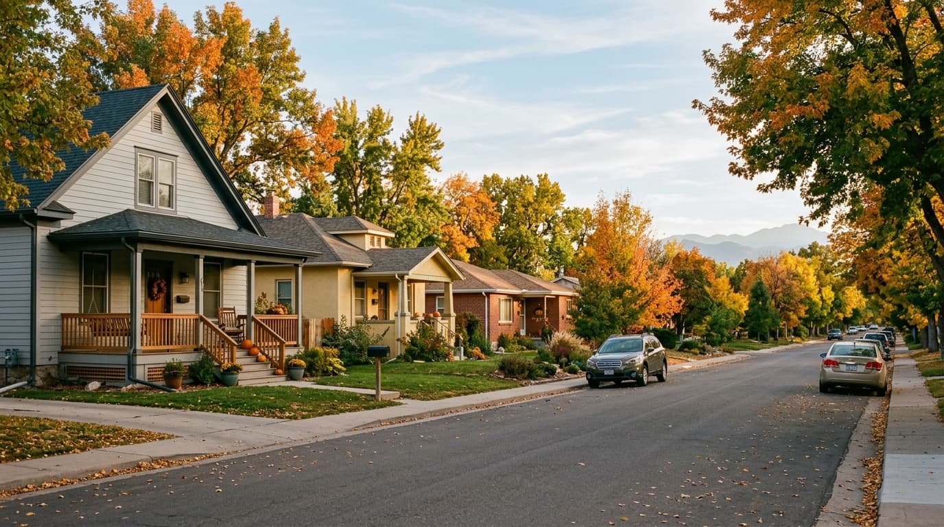 Quiet tree-lined residential street in Brighton, Colorado