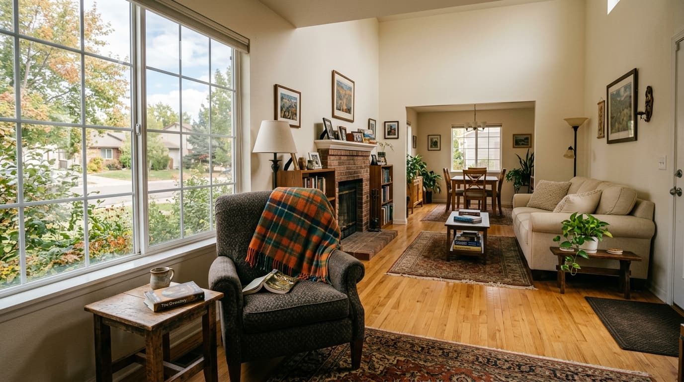 Bright, comfortable living room with clear walking paths in a Broomfield home
