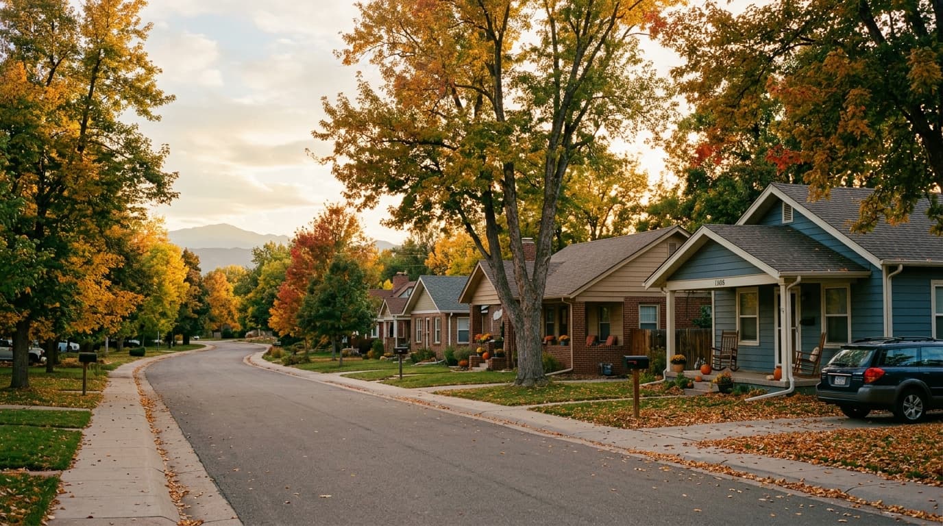 Quiet tree-lined residential street in Broomfield, Colorado