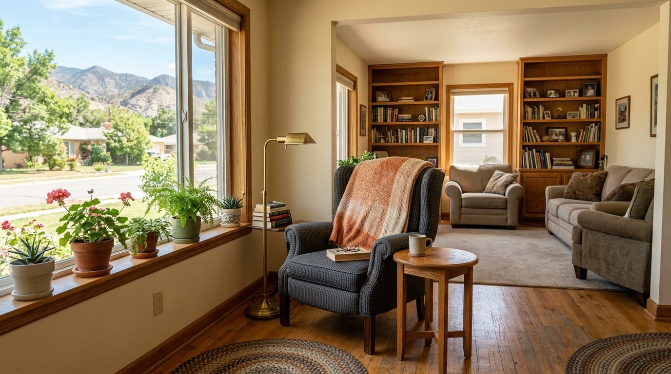 Bright, comfortable living room with clear walking paths in a Cañon City home