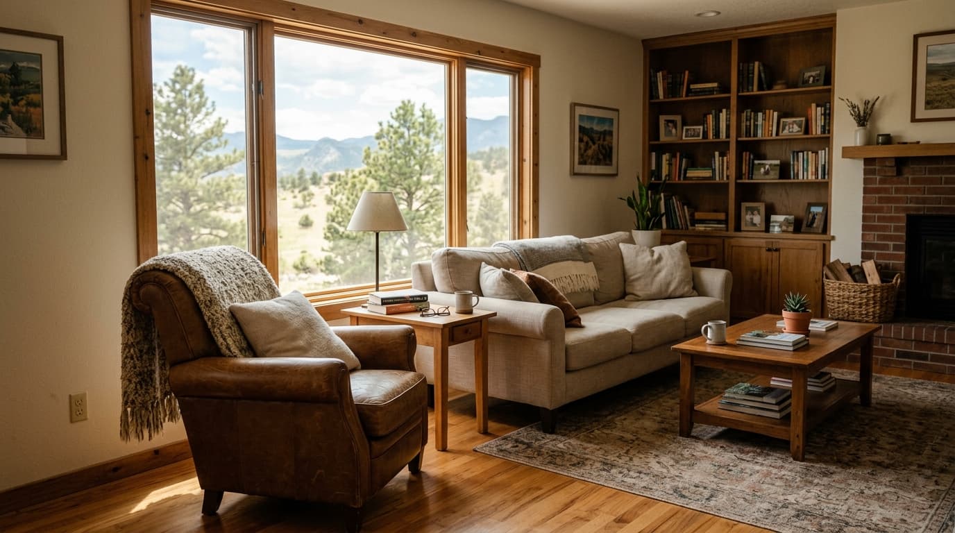 Bright, comfortable living room with clear walking paths in a Castle Rock home