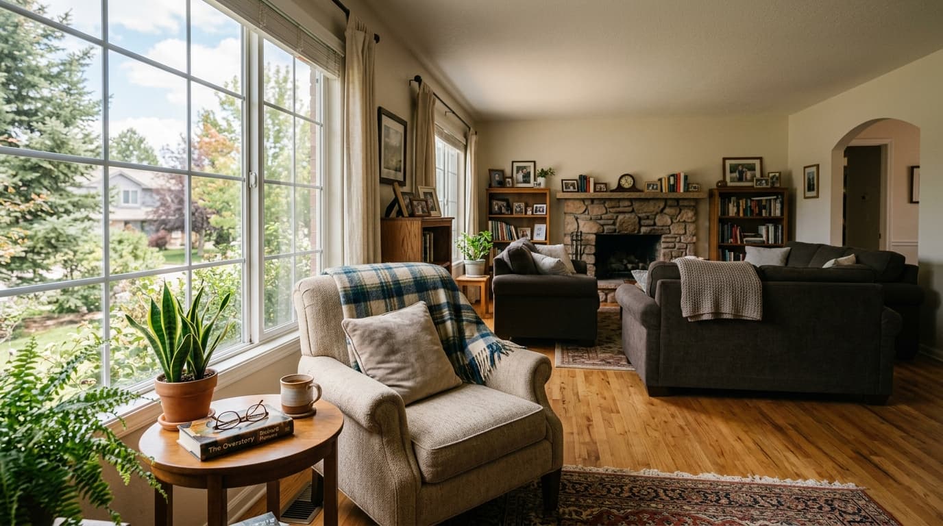 Bright, comfortable living room with clear walking paths in a Centennial home