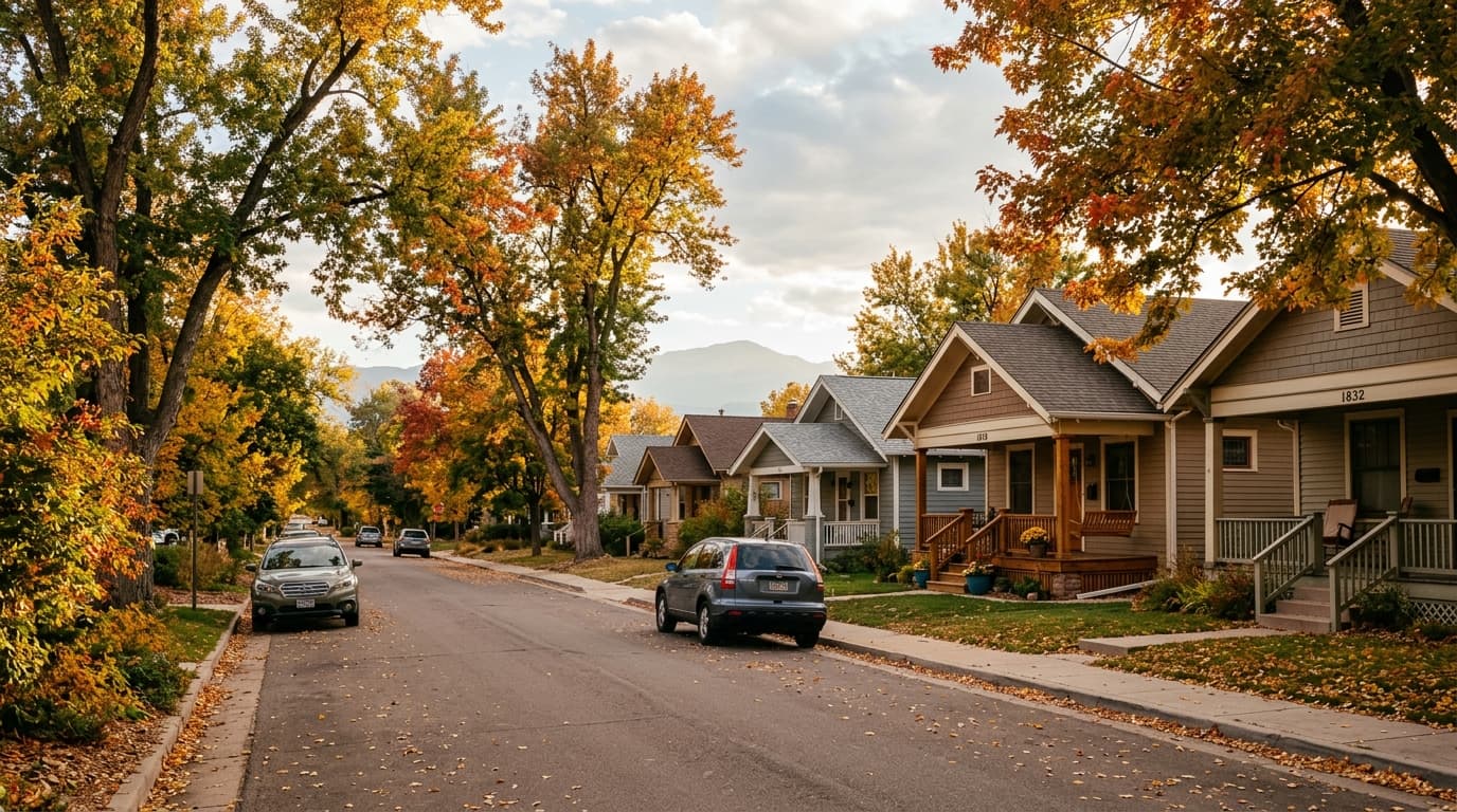 Quiet tree-lined residential street in Colorado Springs, Colorado