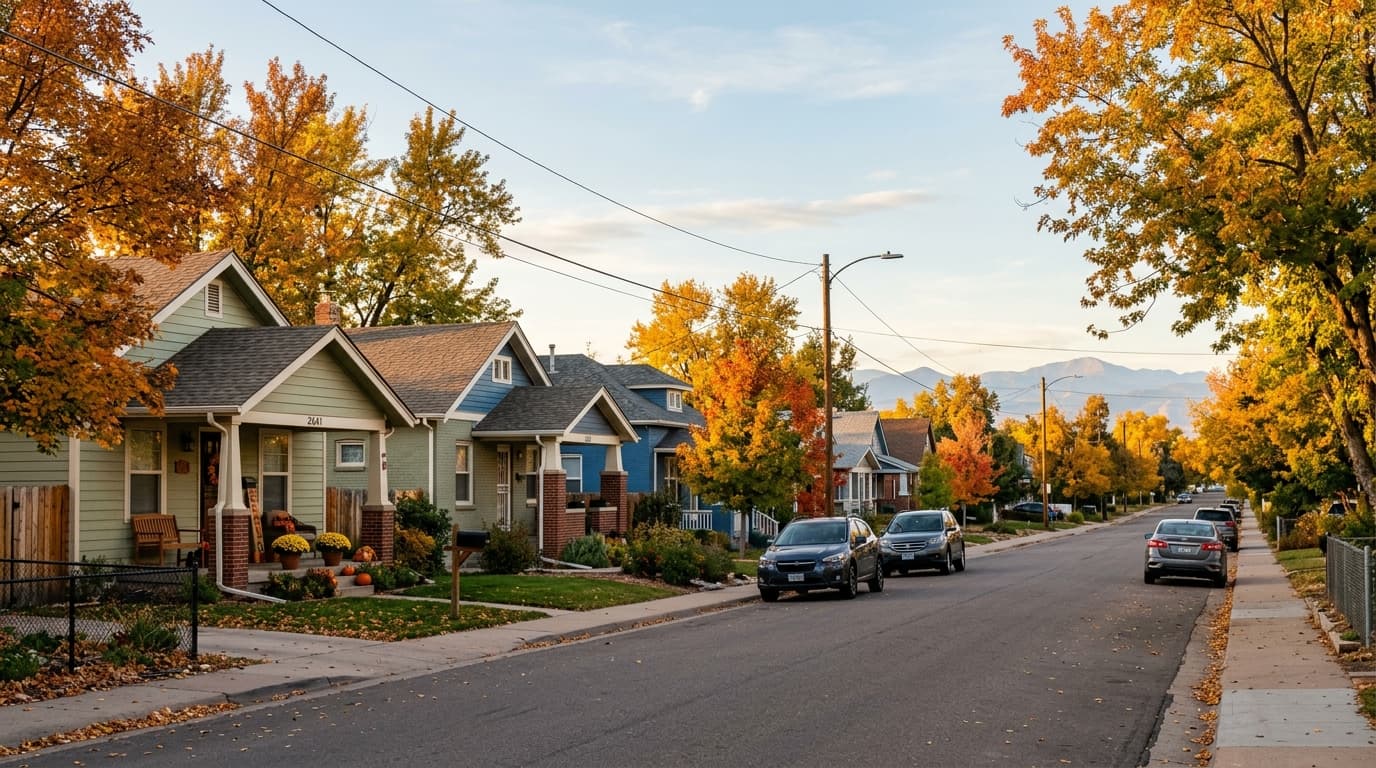 Quiet tree-lined residential street in Commerce City, Colorado