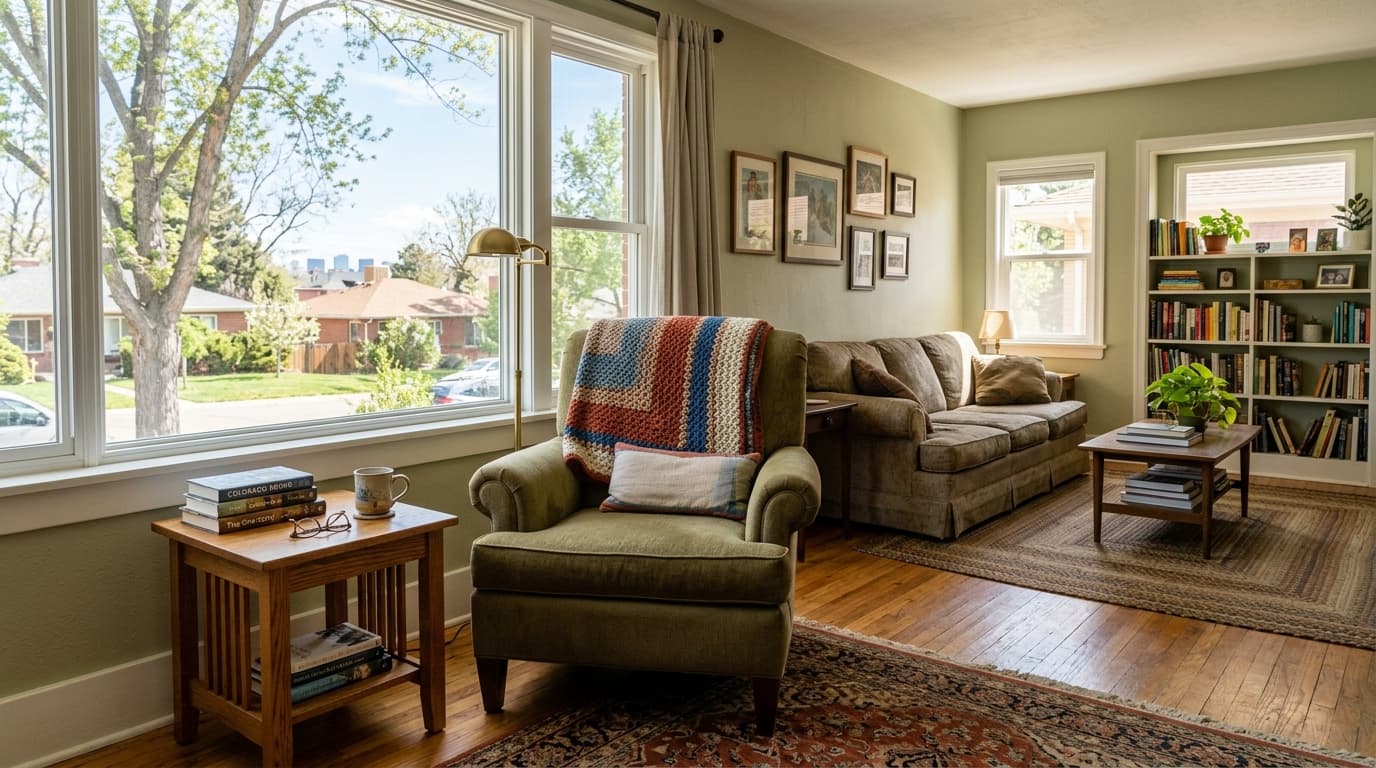Bright, comfortable living room with clear walking paths in a Denver home