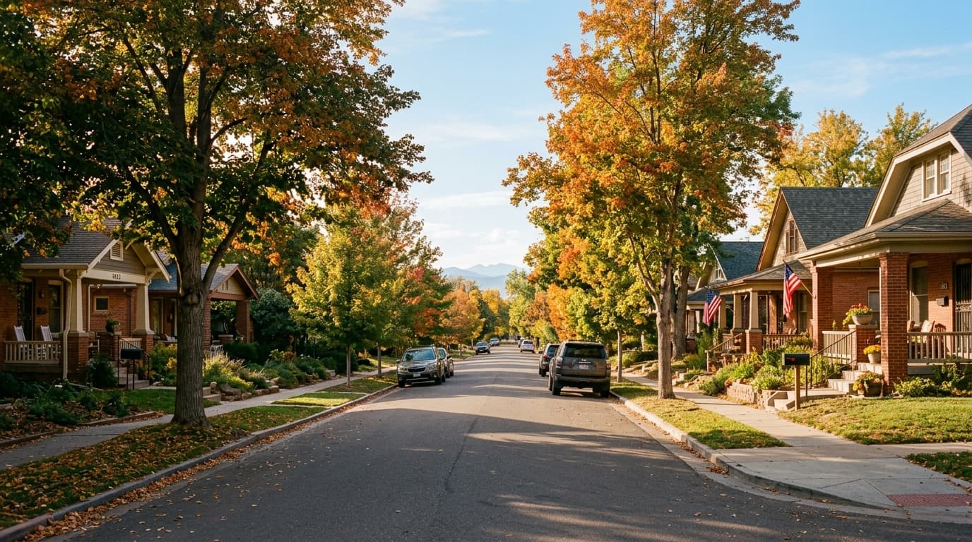 Quiet tree-lined residential street in Denver, Colorado