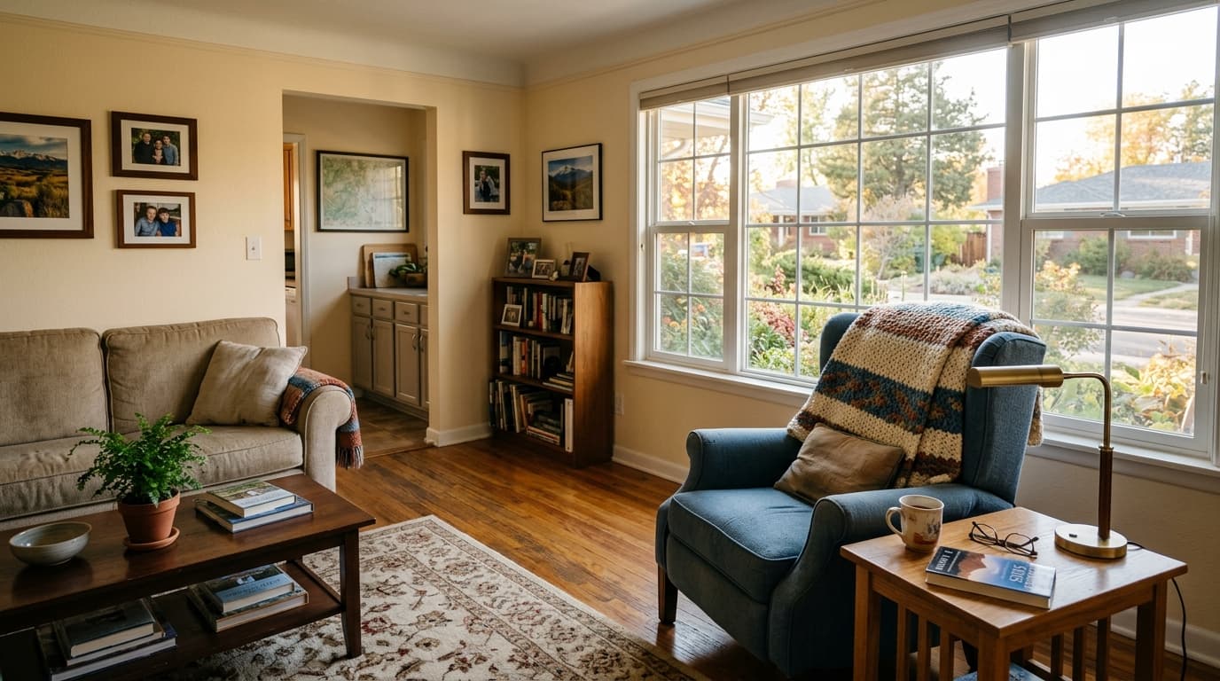 Bright, comfortable living room with clear walking paths in a Englewood home