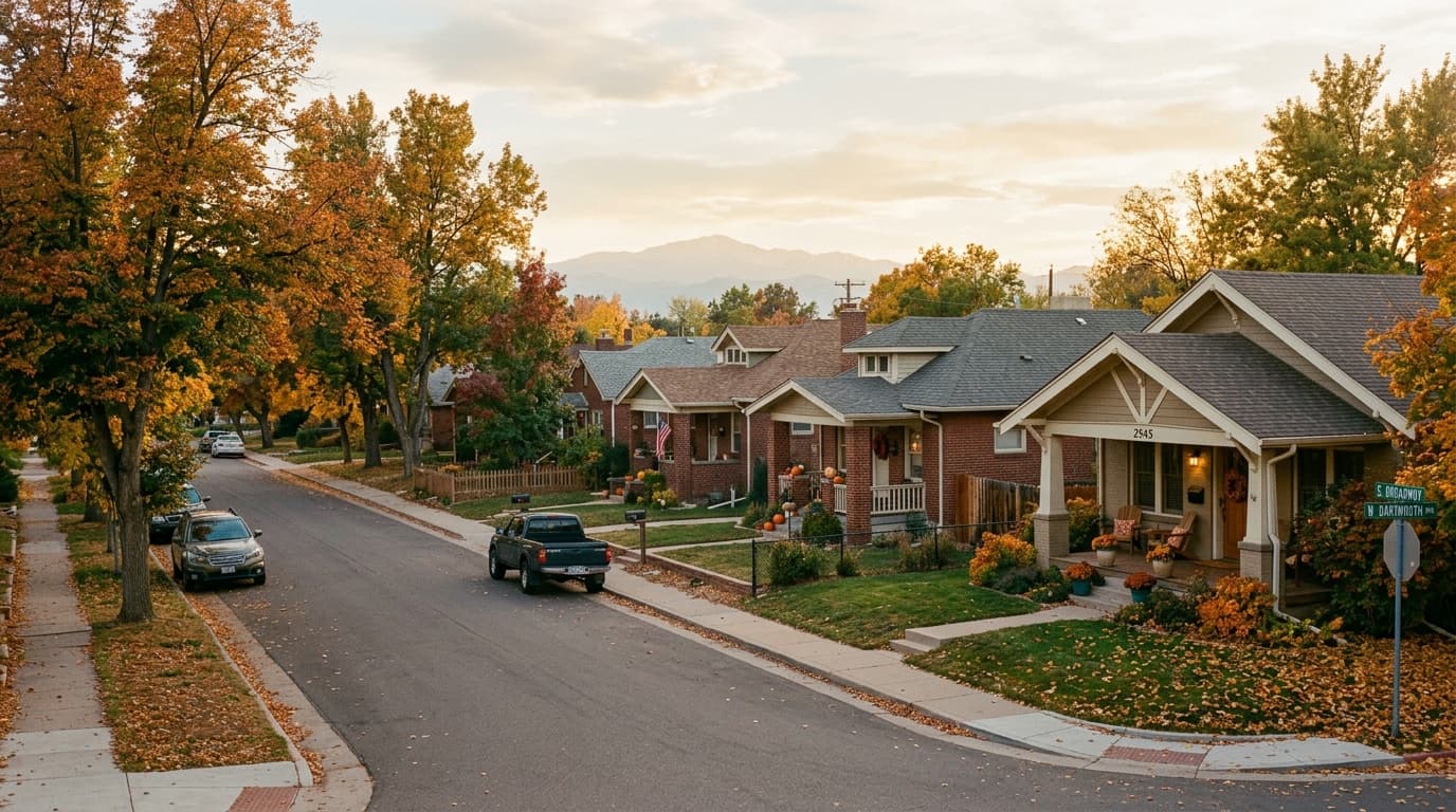 Quiet tree-lined residential street in Englewood, Colorado