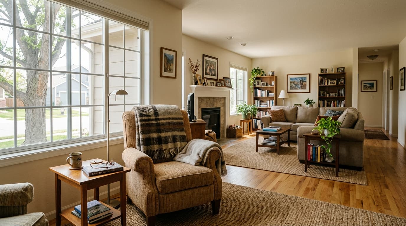 Bright, comfortable living room with clear walking paths in a Erie home
