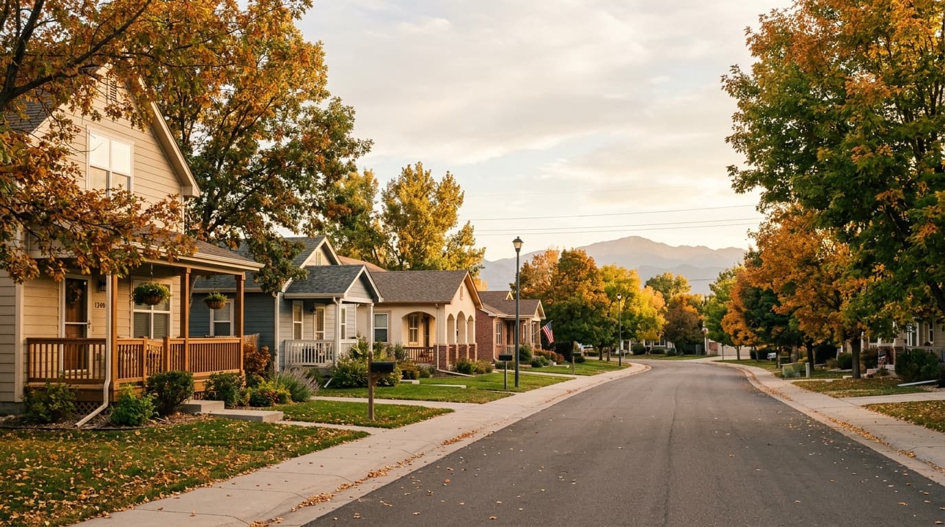 Quiet tree-lined residential street in Erie, Colorado