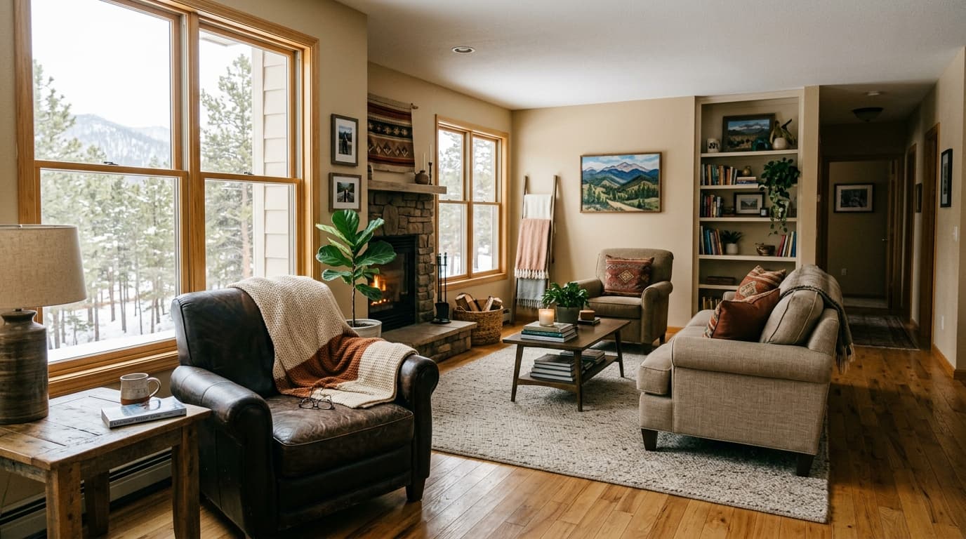 Bright, comfortable living room with clear walking paths in a Evergreen home