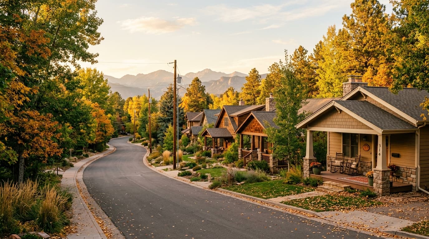 Quiet tree-lined residential street in Evergreen, Colorado