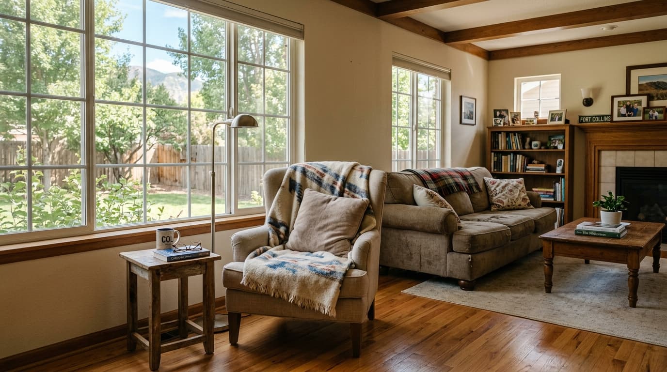 Bright, comfortable living room with clear walking paths in a Fort Collins home
