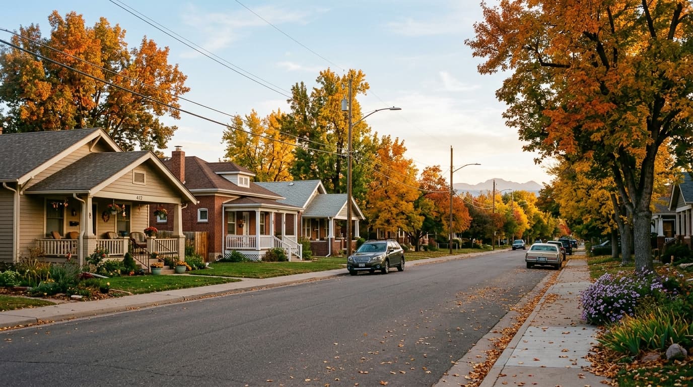 Quiet tree-lined residential street in Fort Collins, Colorado
