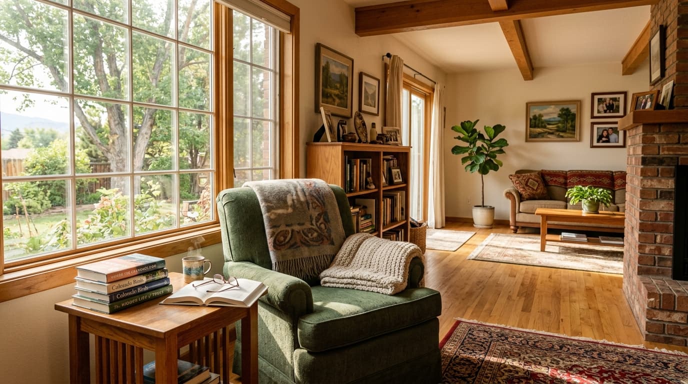 Bright, comfortable living room with clear walking paths in a Fountain home