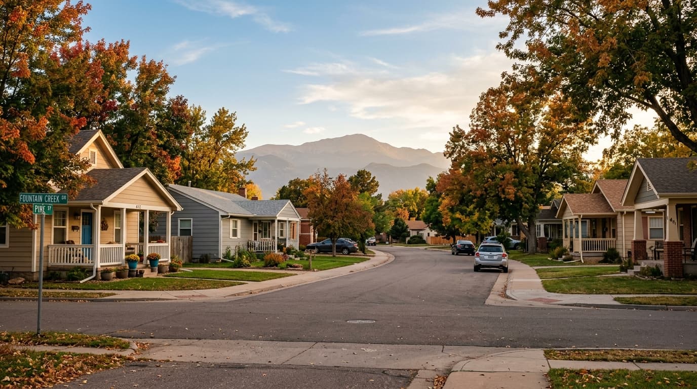 Quiet tree-lined residential street in Fountain, Colorado
