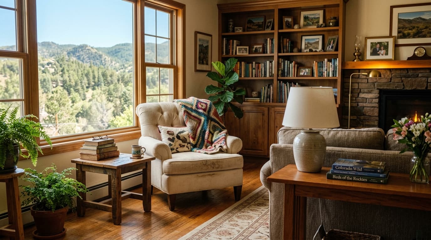 Bright, comfortable living room with clear walking paths in a Golden home