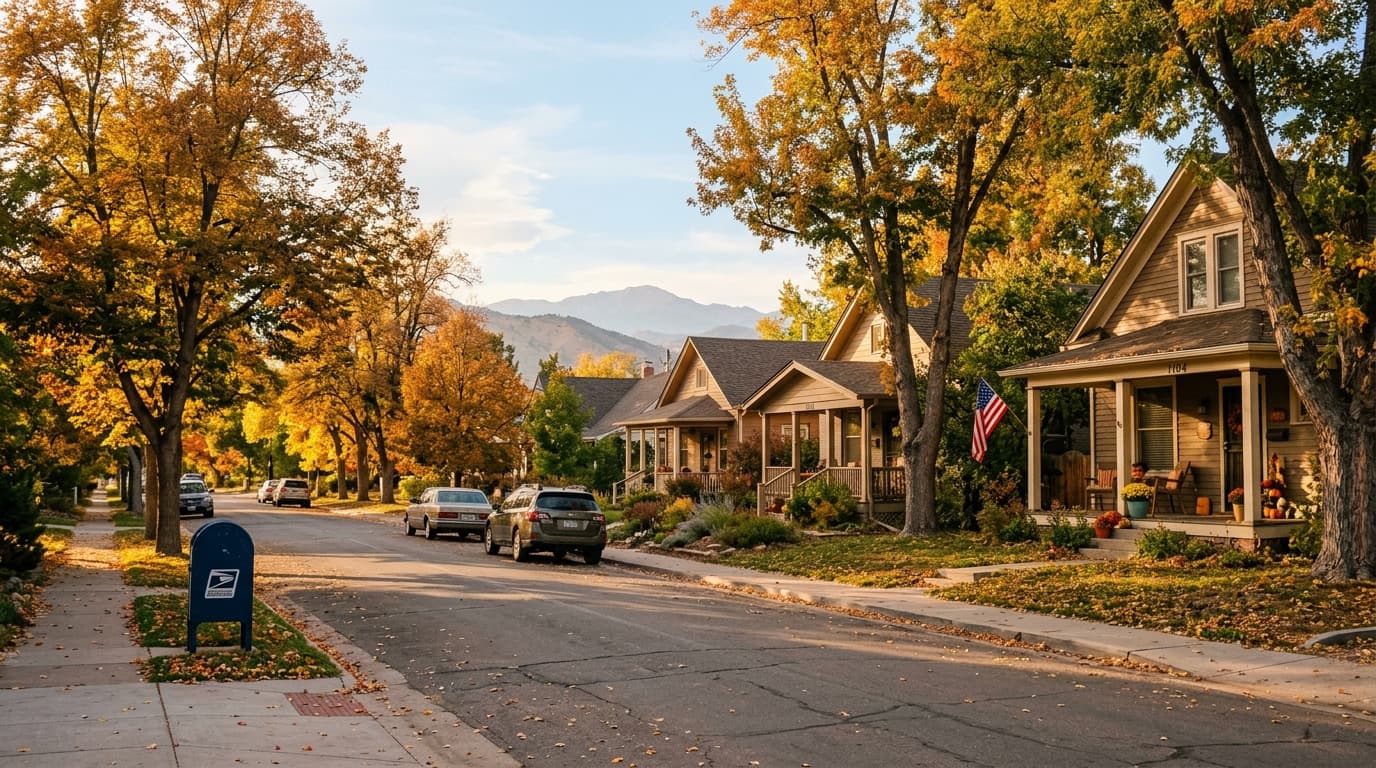 Quiet tree-lined residential street in Golden, Colorado