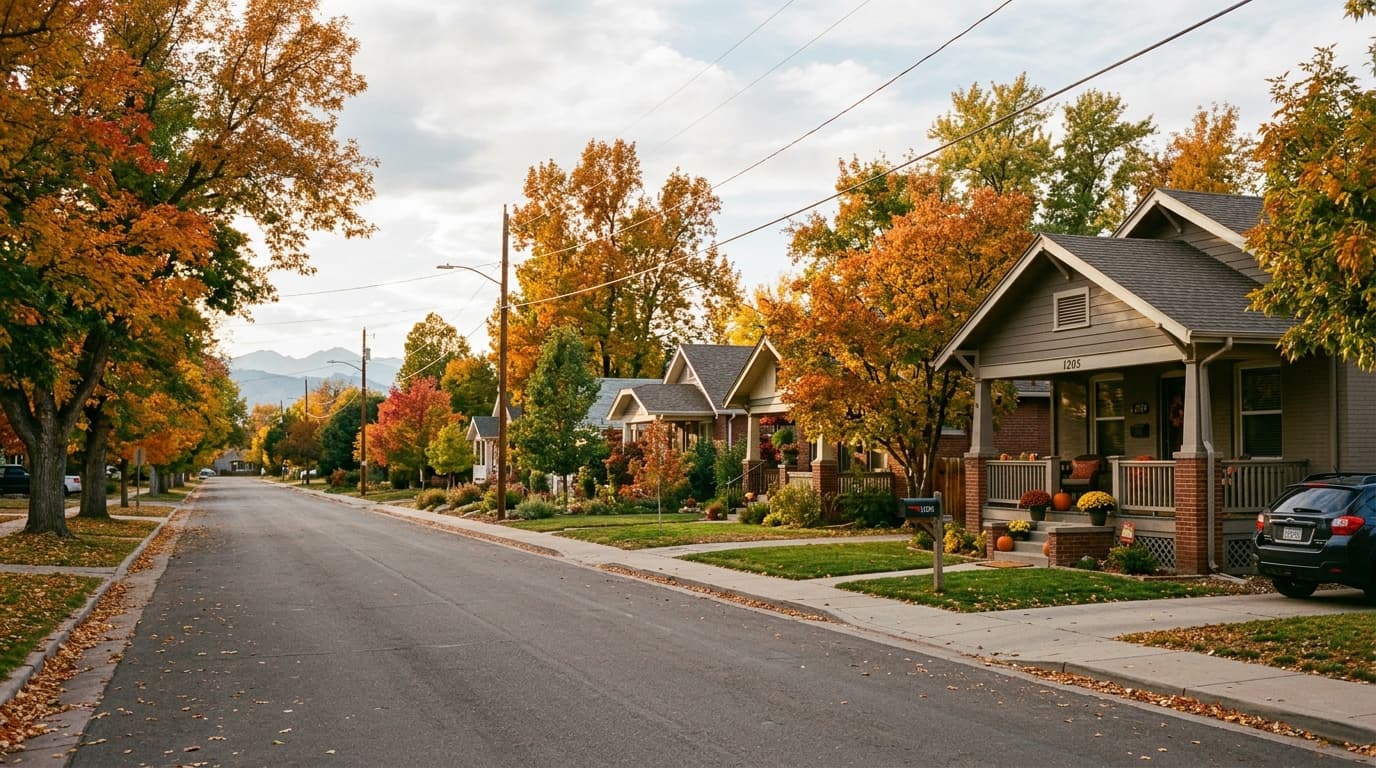 Quiet tree-lined residential street in Greeley, Colorado