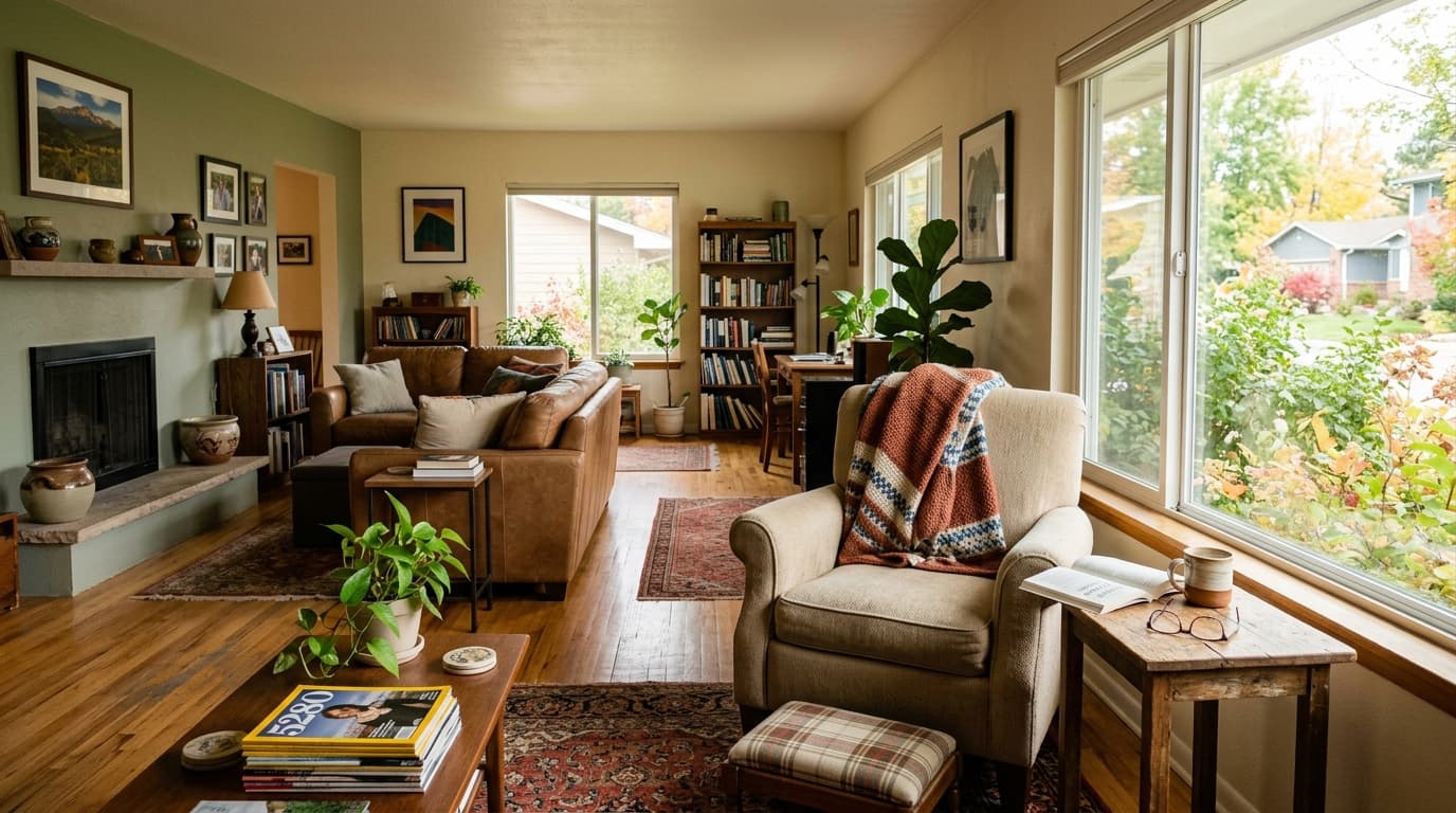 Bright, comfortable living room with clear walking paths in a Highlands Ranch home
