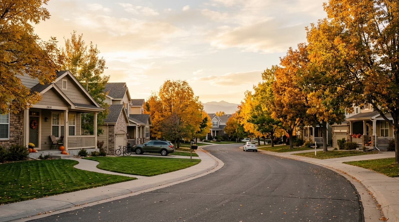 Quiet tree-lined residential street in Highlands Ranch, Colorado