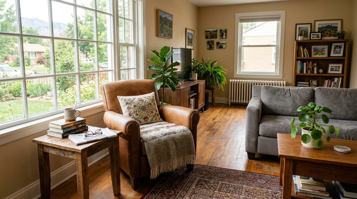 Bright, comfortable living room with clear walking paths in a Lafayette home
