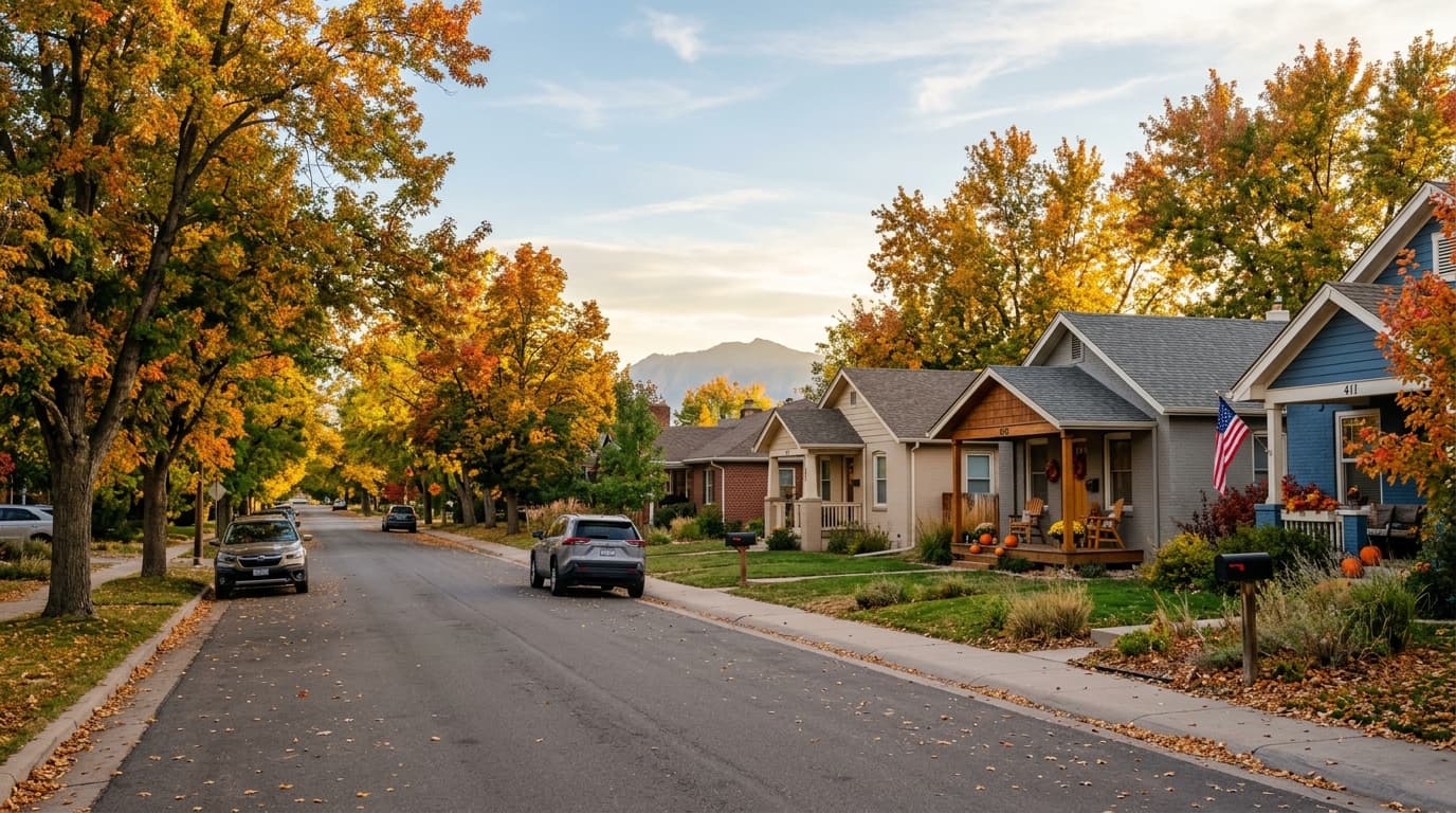 Quiet tree-lined residential street in Lafayette, Colorado