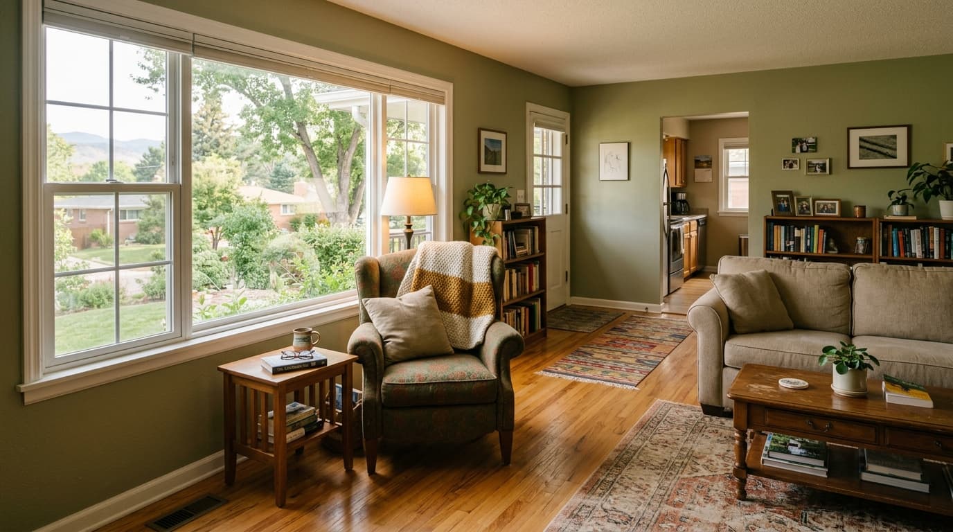 Bright, comfortable living room with clear walking paths in a Lakewood home