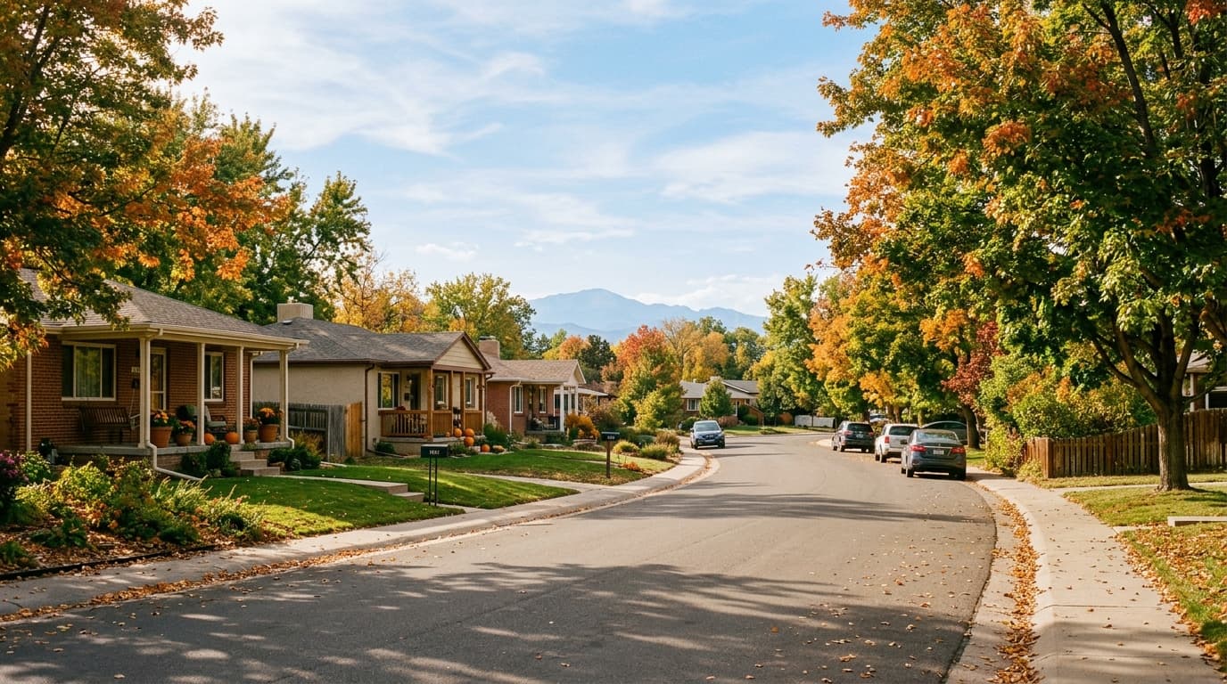 Quiet tree-lined residential street in Lakewood, Colorado