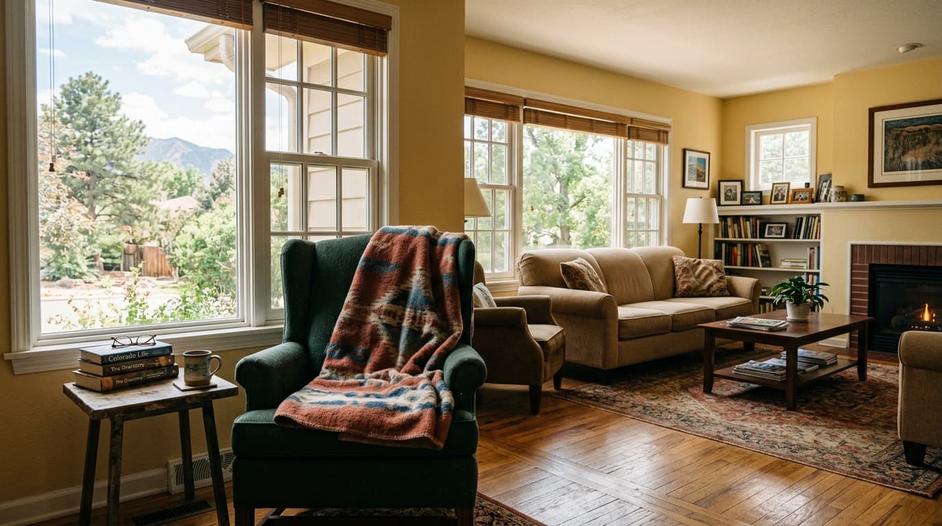 Bright, comfortable living room with clear walking paths in a Littleton home