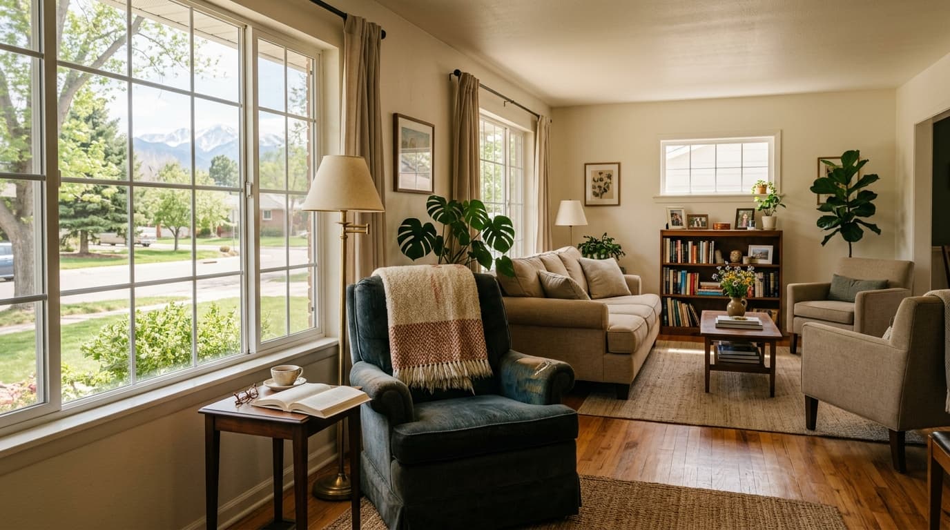 Bright, comfortable living room with clear walking paths in a Louisville home