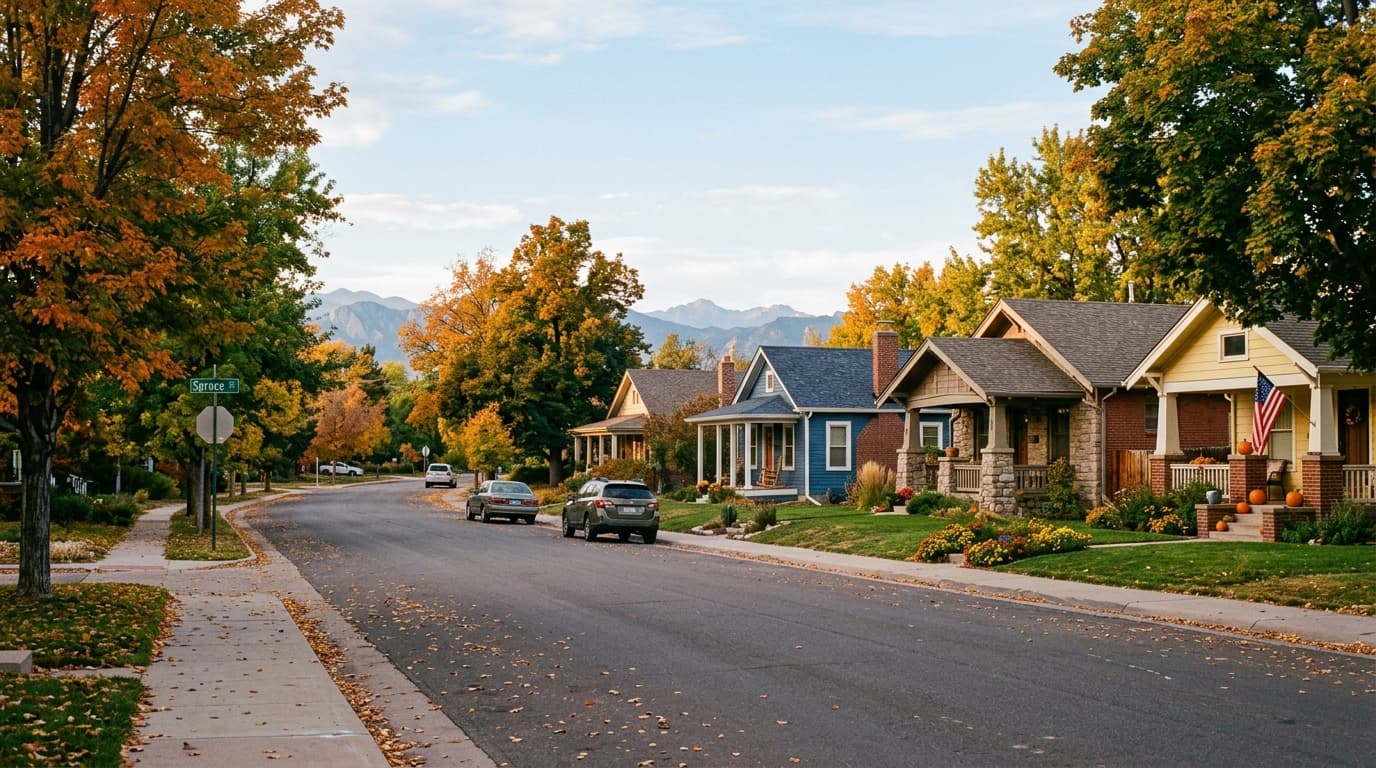 Quiet tree-lined residential street in Louisville, Colorado