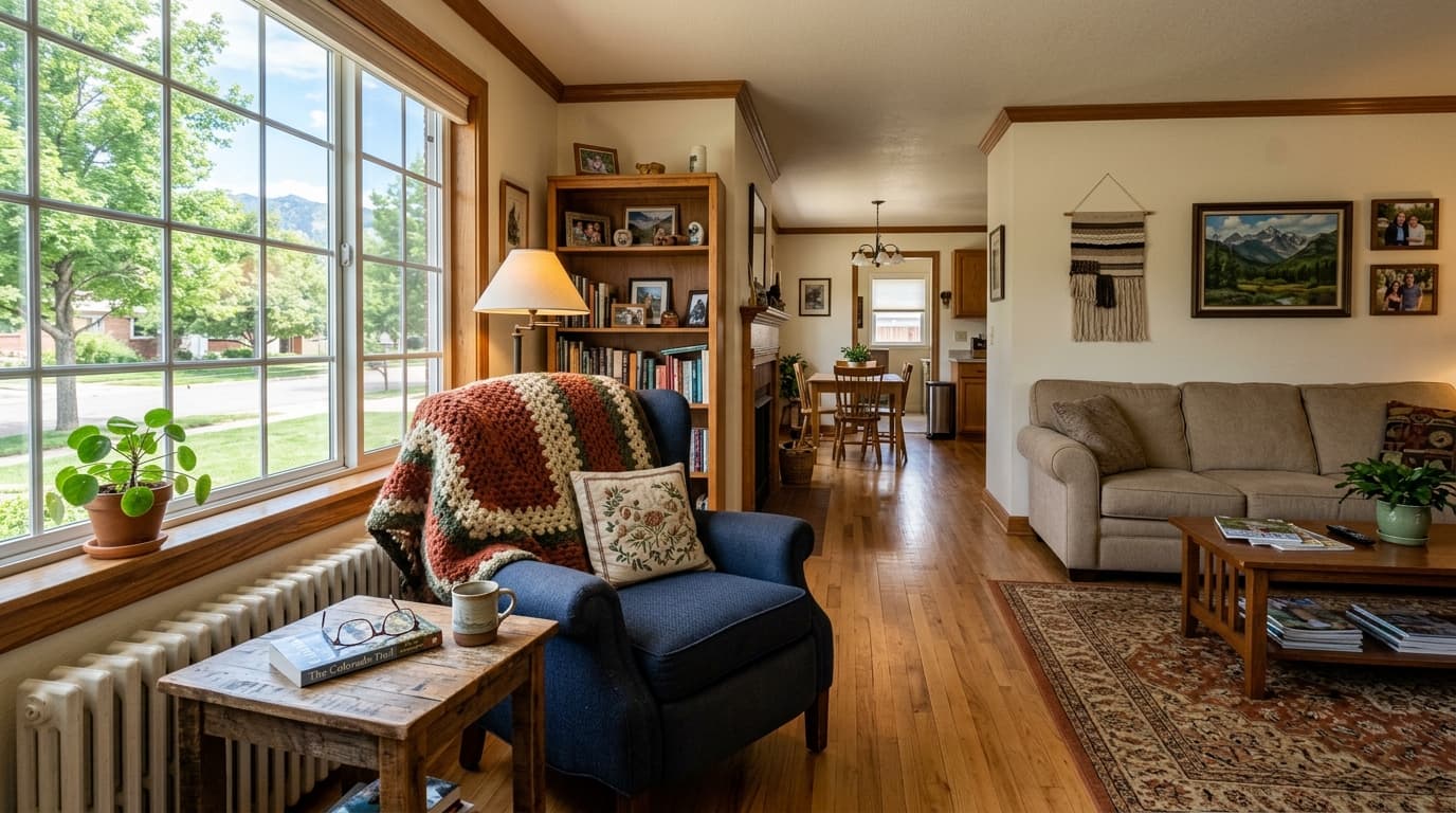 Bright, comfortable living room with clear walking paths in a Loveland home