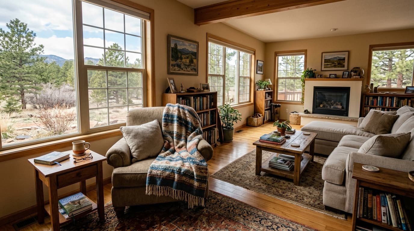 Bright, comfortable living room with clear walking paths in a Monument home