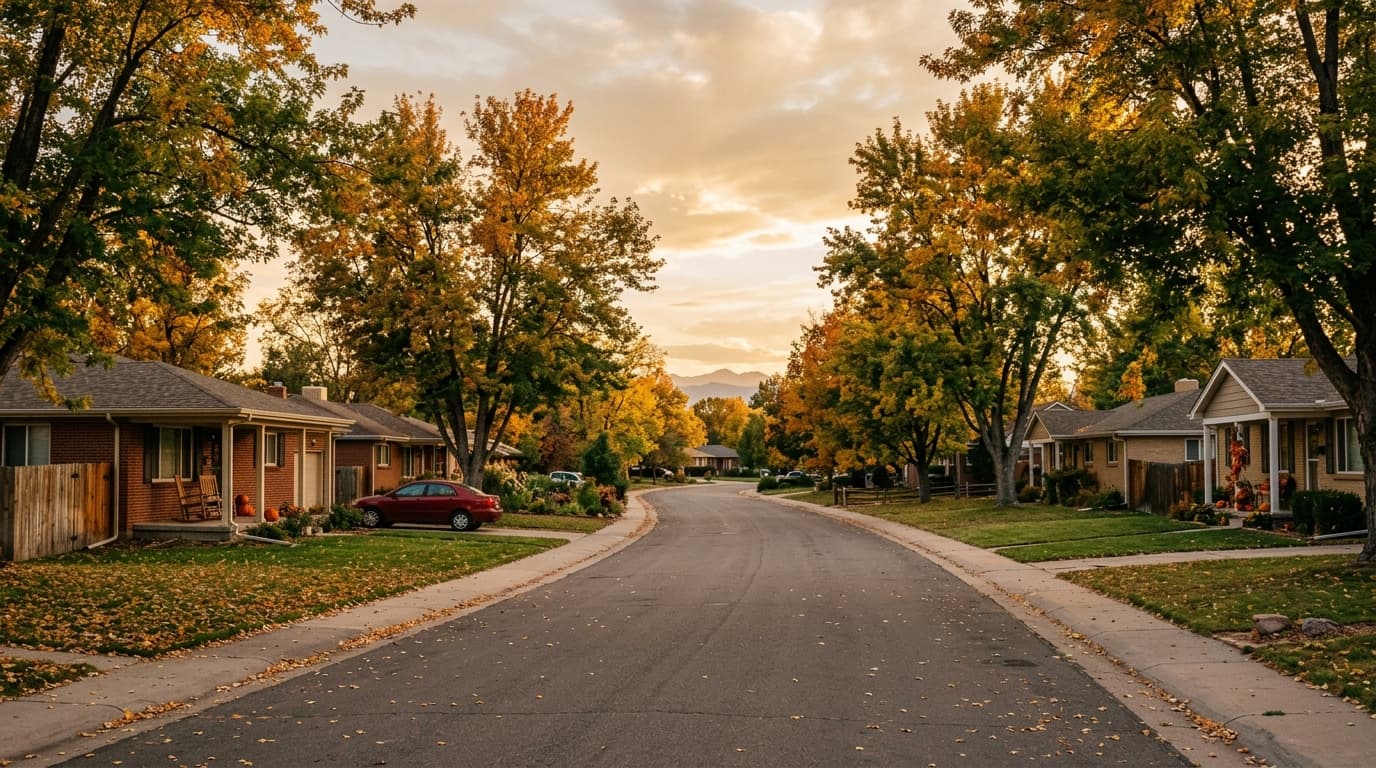Quiet tree-lined residential street in Northglenn, Colorado