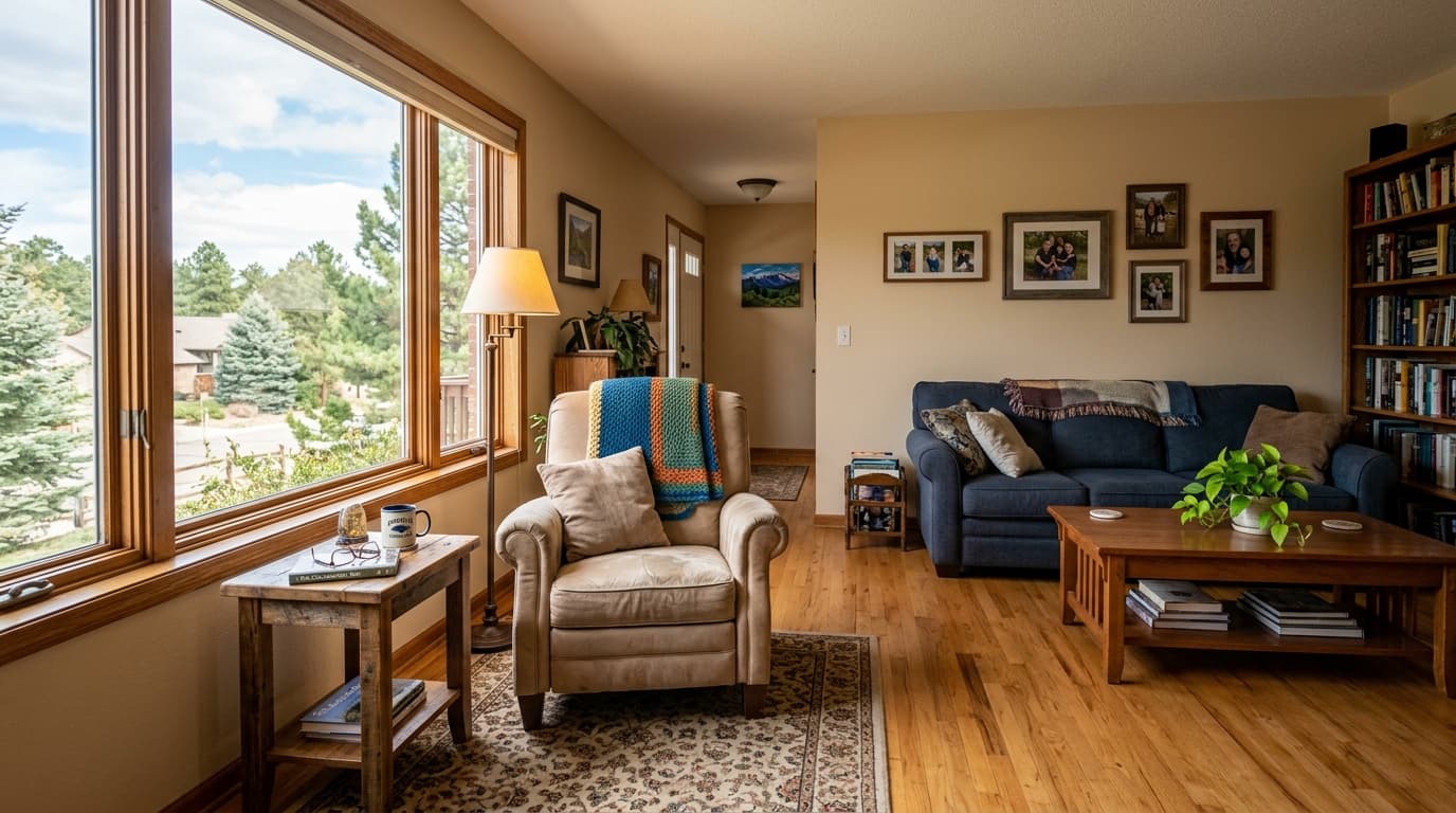 Bright, comfortable living room with clear walking paths in a Parker home