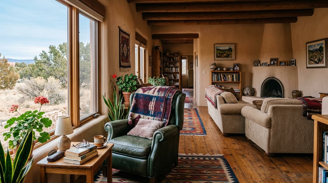 Bright, comfortable living room with clear walking paths in a Pueblo home