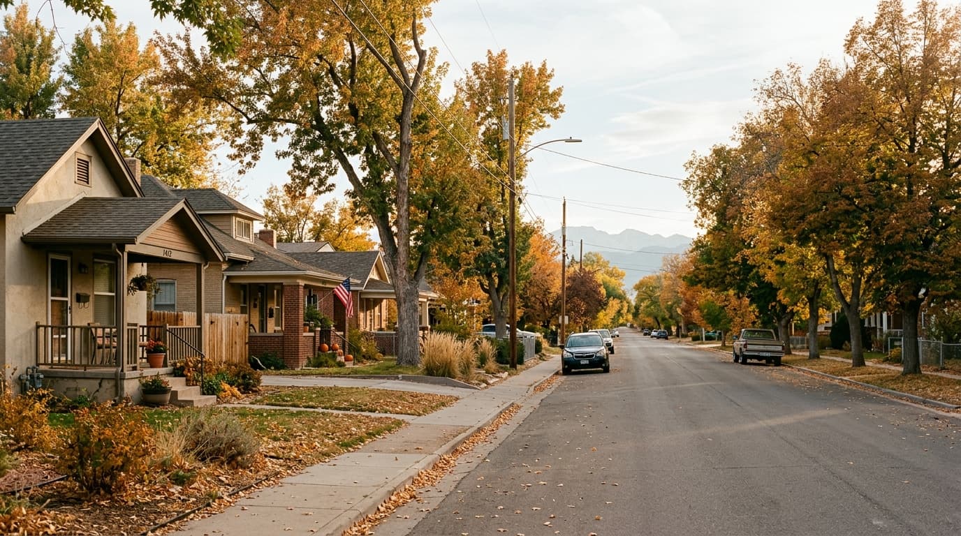 Quiet tree-lined residential street in Pueblo, Colorado