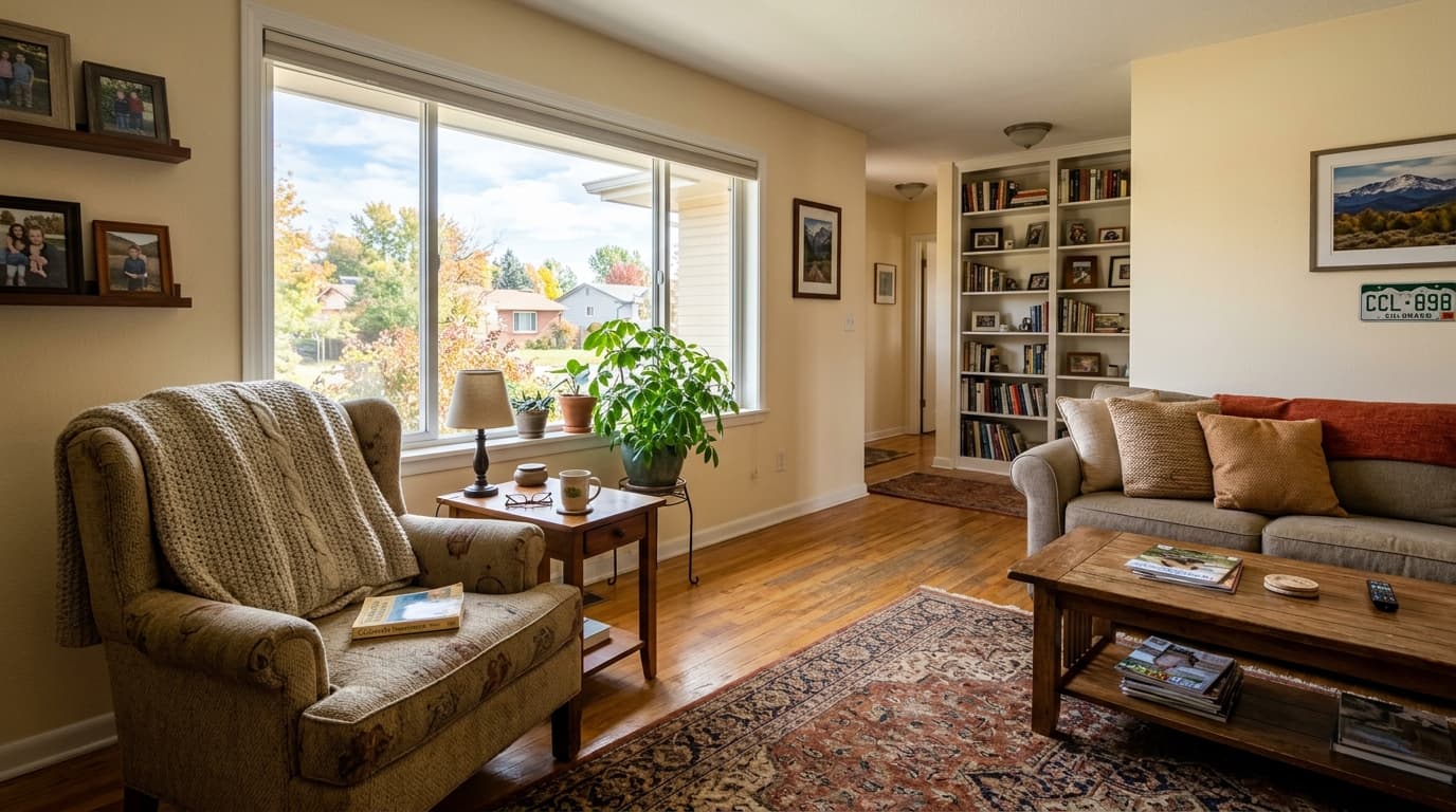 Bright, comfortable living room with clear walking paths in a Thornton home