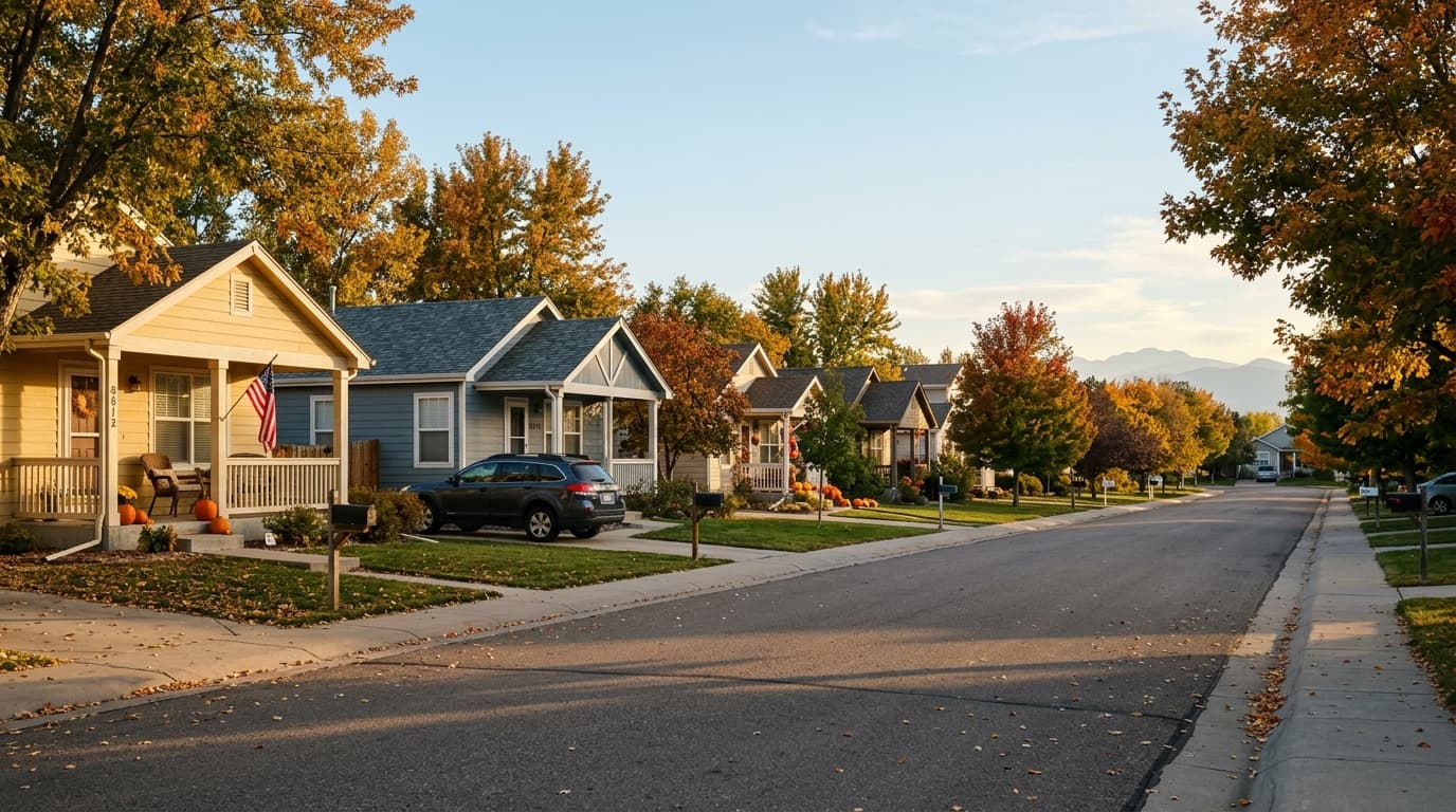 Quiet tree-lined residential street in Thornton, Colorado