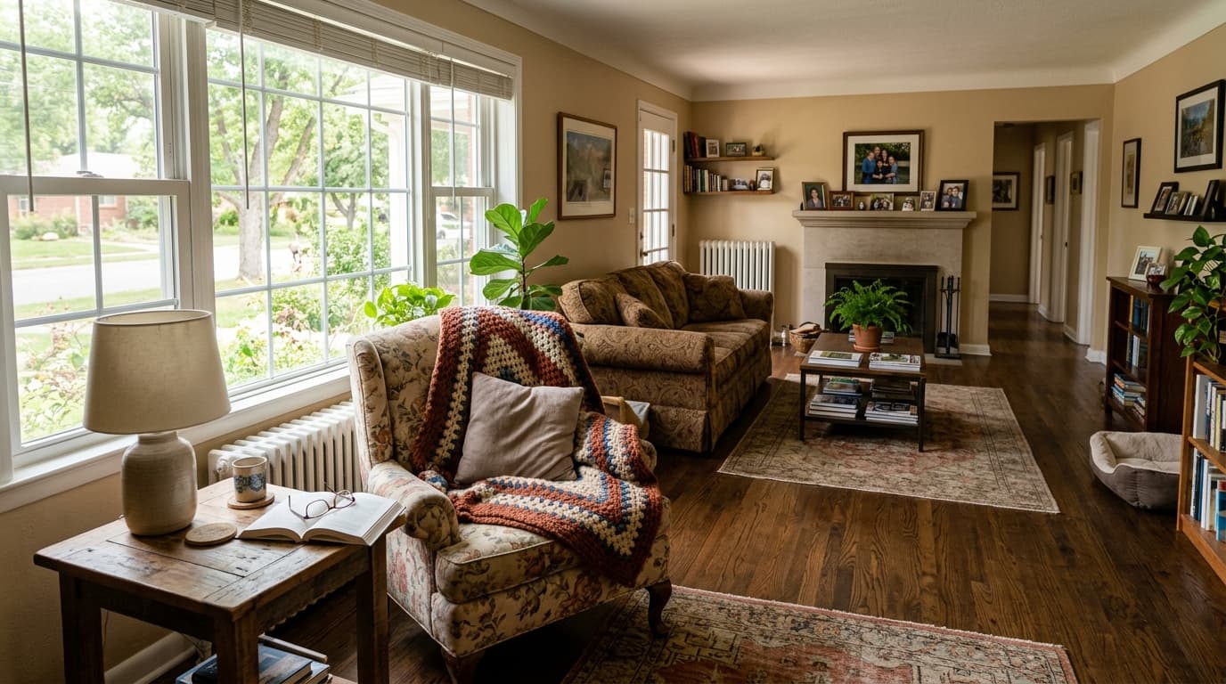 Bright, comfortable living room with clear walking paths in a Westminster home