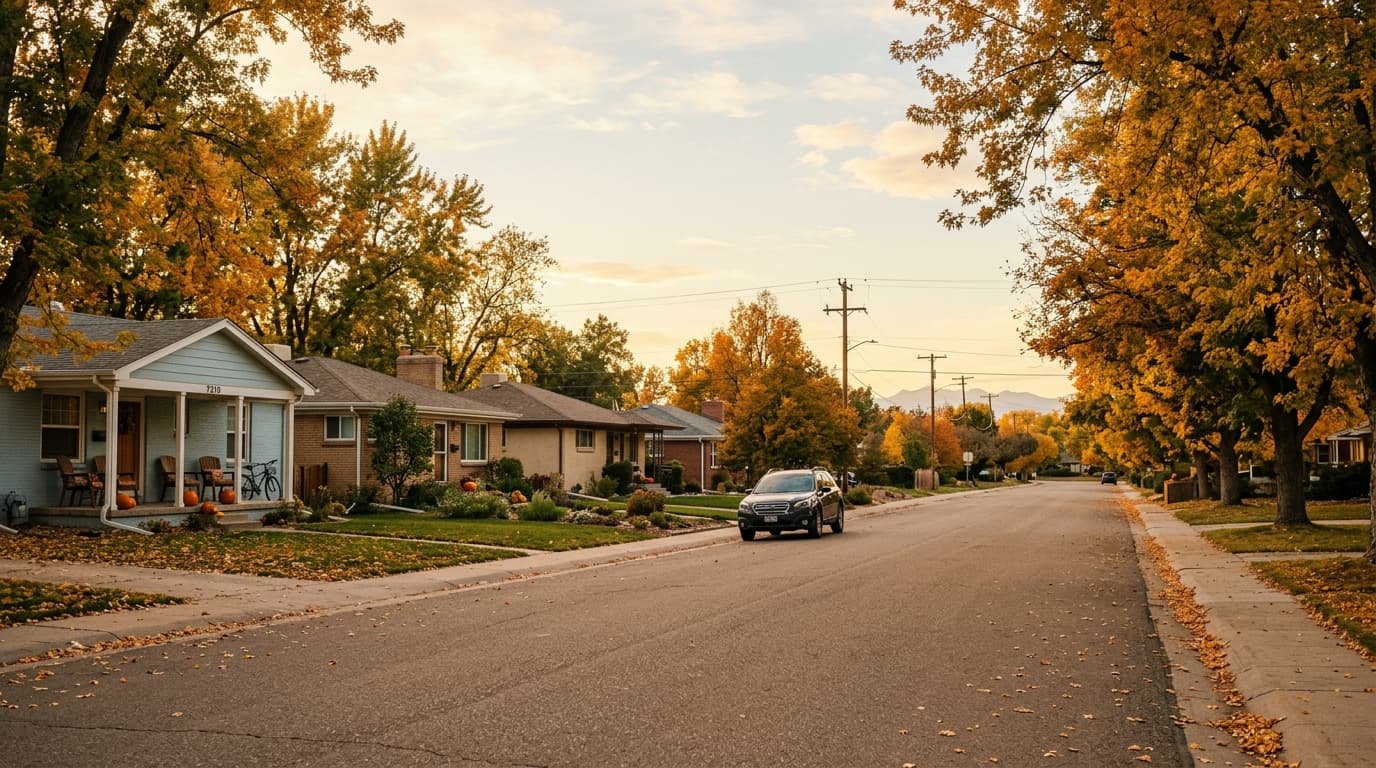 Quiet tree-lined residential street in Westminster, Colorado
