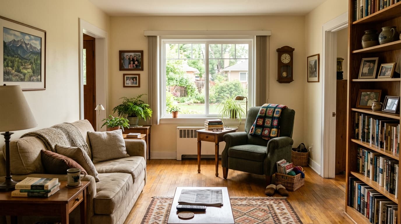Bright, comfortable living room with clear walking paths in a Wheat Ridge home